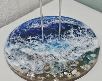 Soporte para toallas de papel hecho a mano en resina azul océano / Decoración de cocina costera playera