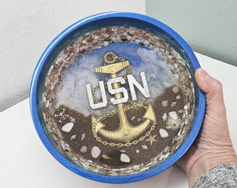 Cuenco de resina de Navy Chief hecho a mano / Diseño de océano y ancla