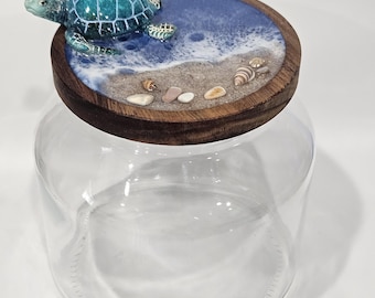 Sea Turtle Ocean Glass Jar with Handmade Resin Wood Lid, Coastal Beach Storage Jar, Nautical Bathroom Décor