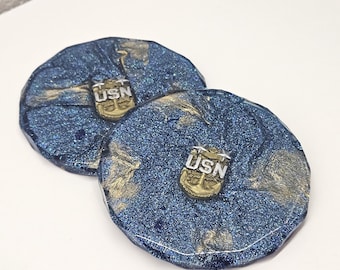 Navy Master Chief Anchor Coasters: Handmade Epoxy Resin Drinkware, Set of 2