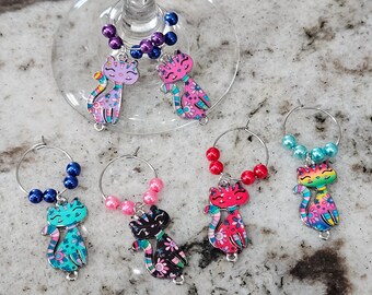 Juego de 6 dijes para vino con forma de gato