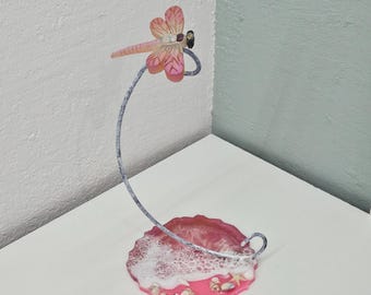 Dragonfly Ornament Stand Resin Pink Beach Scene