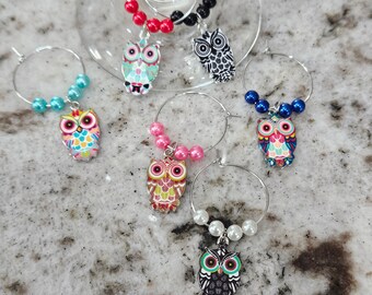 Juego de 6 dijes de vino con forma de búho