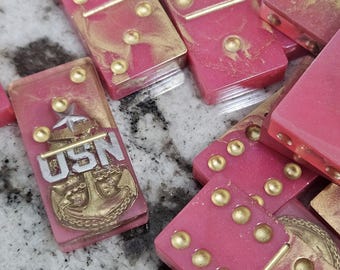 Handmade Resin Dominoes: Navy Senior Chief Anchor - Double Six Set