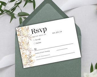 Modern Gold RSVP Card Template, Classic RSVP Card, Gold Wedding RSVP Card Template, Modern Floral 3.5" x 5" card Template, Edit in Canva,