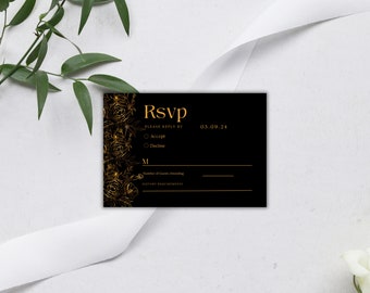 Modern Black and Gold RSVP Card Template, RSVP Card, Gold Wedding RSVP Card Template, Modern Floral 3.5" x 5" card Template, Edit in Canva,