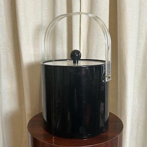 Vintage Mid Century Modern Space Age Black Vinyl Lucite Ice Bucket