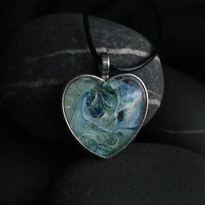 Silver Heart-Shaped Pendant - Poured Acrylic Wearable Art