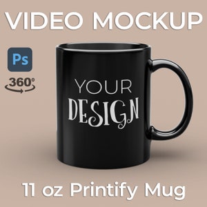 Puede incluir: Una taza negra de 11 oz Printify con el texto "YOUR DESIGN" en blanco en una fuente decorativa.