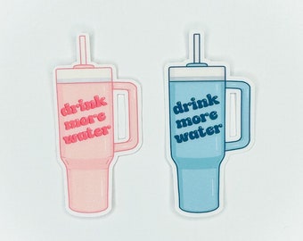 May include: Two sticker designs of reusable water bottles with the text "drink more water" in a retro font. The bottle on the left is pink and the bottle on the right is blue.