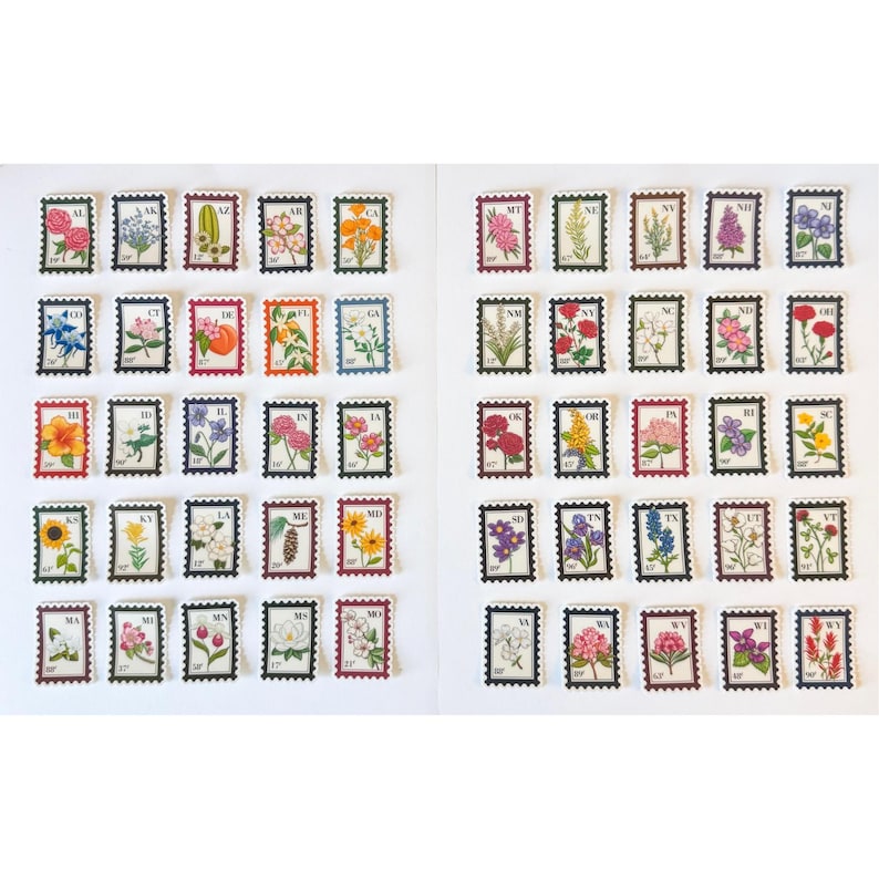 May include: A collection of colorful floral stamps, each featuring a different flower and state abbreviation. The stamps are arranged in rows and columns, showcasing a variety of blooms in shades of pink, yellow, blue, and orange. The stamps are bordered in black.