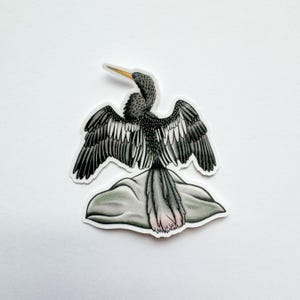 Peut inclure: Un autocollant représentant une illustration détaillée d'un oiseau aux ailes déployées. L'oiseau est principalement noir et blanc avec un bec jaune et un œil bleu. Il est perché sur un rocher gris, avec une bordure blanche.