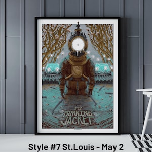 May include: A poster for the band My Morning Jacket. The poster features a diver wearing a vintage diving suit with a clock face for a helmet. The diver is standing in a pool of water with a floral background. The text "My Morning Jacket" is printed in large letters at the bottom of the poster.