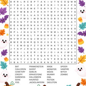 Puede incluir: Un juego de sopa de letras de Halloween con una cuadrícula de letras y el título HALLOWEEN en la parte superior. El borde está decorado con ilustraciones de calabazas naranjas, fantasmas blancos, murciélagos morados y hojas de otoño.