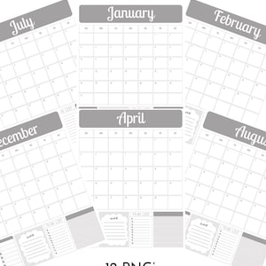 May include: A 2027 monthly calendar set featuring 12 PNG files. Each page displays a grid for the month with a gray header containing the month name, a note section, and a to-do list. The text 2027 Monthly Calendar and 12 PNG's Each month is the same color is visible.