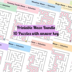 Op de afbeelding: Een printbaar doolhofpakket met 10 puzzels inclusief antwoordsleutels. Elke pagina toont een zwart-wit doolhof met een roze pad dat de oplossing aangeeft. De koppen bevatten titels zoals Sports Maze, Yummy Foods Maze en Weather Maze.