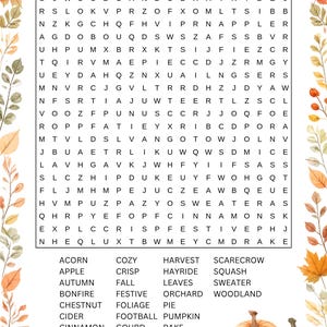 May include: A word search puzzle titled FALL featuring a grid of letters and a list of words including ACORN, APPLE, AUTUMN, BONFIRE, CHESTNUT, CIDER, CINNAMON, COZY, CRISP, FALL, FESTIVE, FOLIAGE, FOOTBALL, GOURD, HARVEST, HAYRIDE, LEAVES, ORCHARD, PIE, PUMPKIN, RAKE, SCARECROW, SQUASH, SWEATER, and WOODLAND, framed by watercolor illustrations of autumn leaves and pumpkins.