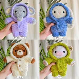 4 in 1 Animals in Pajamas Crochet Pattern Bundle (Amigurumi Elephant, Bear, Cow, Bunny in One Piece Bodysuit Button Up PJS)
