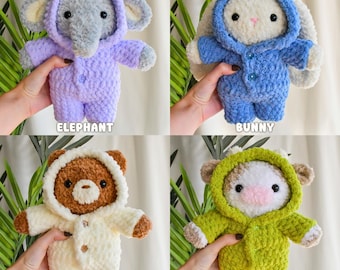 4 in 1 Animals in Pajamas Crochet Pattern Bundle (Amigurumi Elephant, Bear, Cow, Bunny in One Piece Bodysuit Button Up PJS)