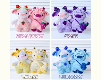 10-in-1 Fruit Cows Crochet Pattern Bundle (Amigurumi Highland Cow Overall Dungaree Cow Strawberry Grape Banana Blueberry Cherry Blossom)