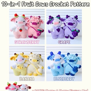 Paquete de patrones de crochet 10 en 1 de vacas de frutas (amigurumi, mono de vaca de las Tierras Altas, vaca fresa, uva, plátano, arándano, flor de cerezo)
