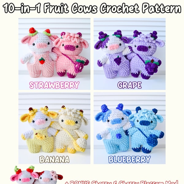 10-in-1 Fruit Cows Crochet Pattern Bundle (Amigurumi Highland Cow Overall Dungaree Cow Strawberry Grape Banana Blueberry Cherry Blossom)