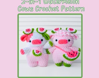 2-in-1 Watermelon Cows Crochet Pattern Bundle (Amigurumi Highland Cow Overall Dungaree Cow)
