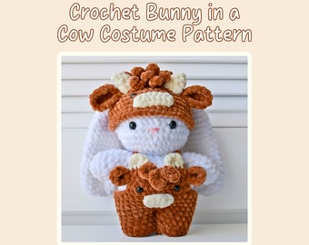 Crochet Bunny in a Highland Cow Outfit Amigurumi Pattern - Overalls and Hat Included