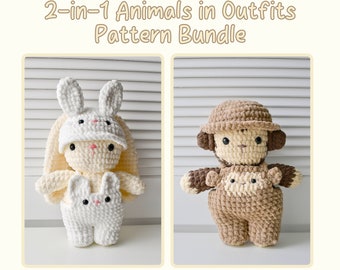 2-in-1 Crochet Bunny and Monkey with Hat and Overalls Pattern Bundle