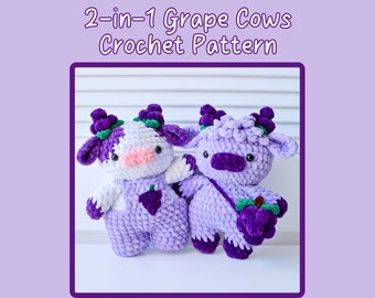 2-in-1 Grape Cows Crochet Pattern Bundle (Amigurumi Highland Cow Overall Dungaree Cow)