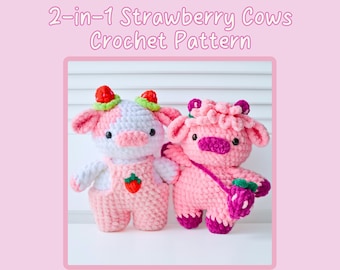 2-in-1 Strawberry Cows Crochet Pattern Bundle (Amigurumi Highland Cow Overall Dungaree Cow)