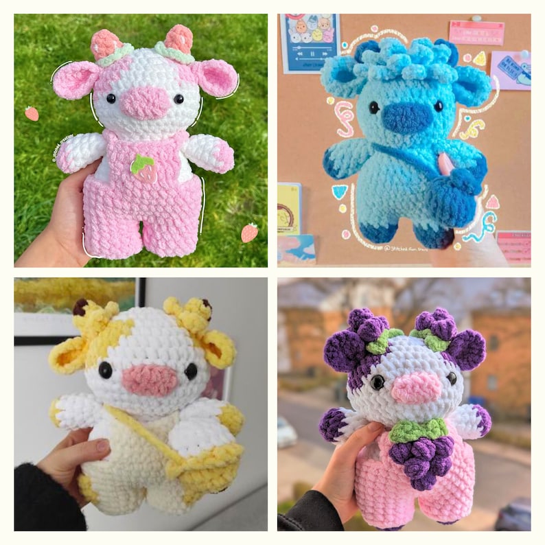 May include: Four crocheted cow plushies in different colors and designs. The first cow is pink with strawberry accents, the second is blue with a purple flower, the third is yellow and white with a yellow flower, and the fourth is pink with purple grapes.