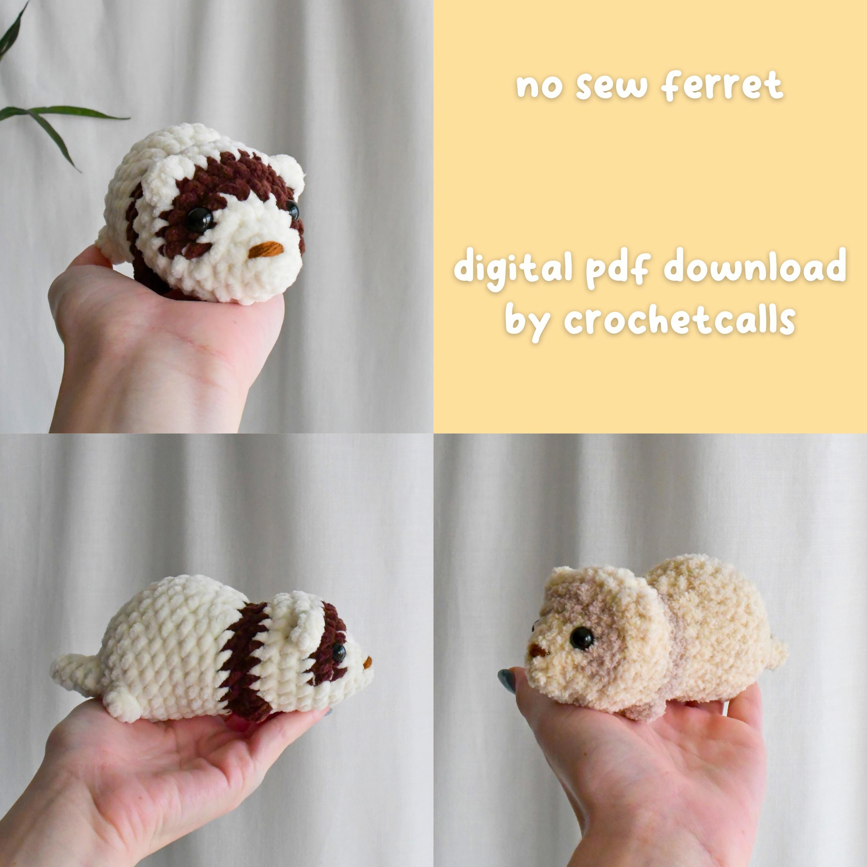 フェレット　ぬいぐるみ　ハンドメイド　一点物 縫わずに作れるかぎ針編みのフェレットぬいぐるみのパターン、初心者