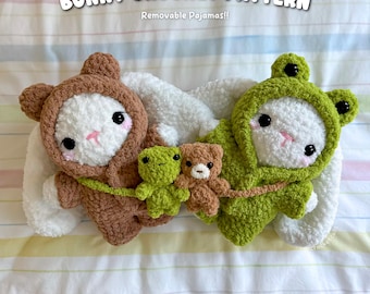 Bunny in Frog and Bear Pajamas Crochet Pattern | Amigurumi PDF