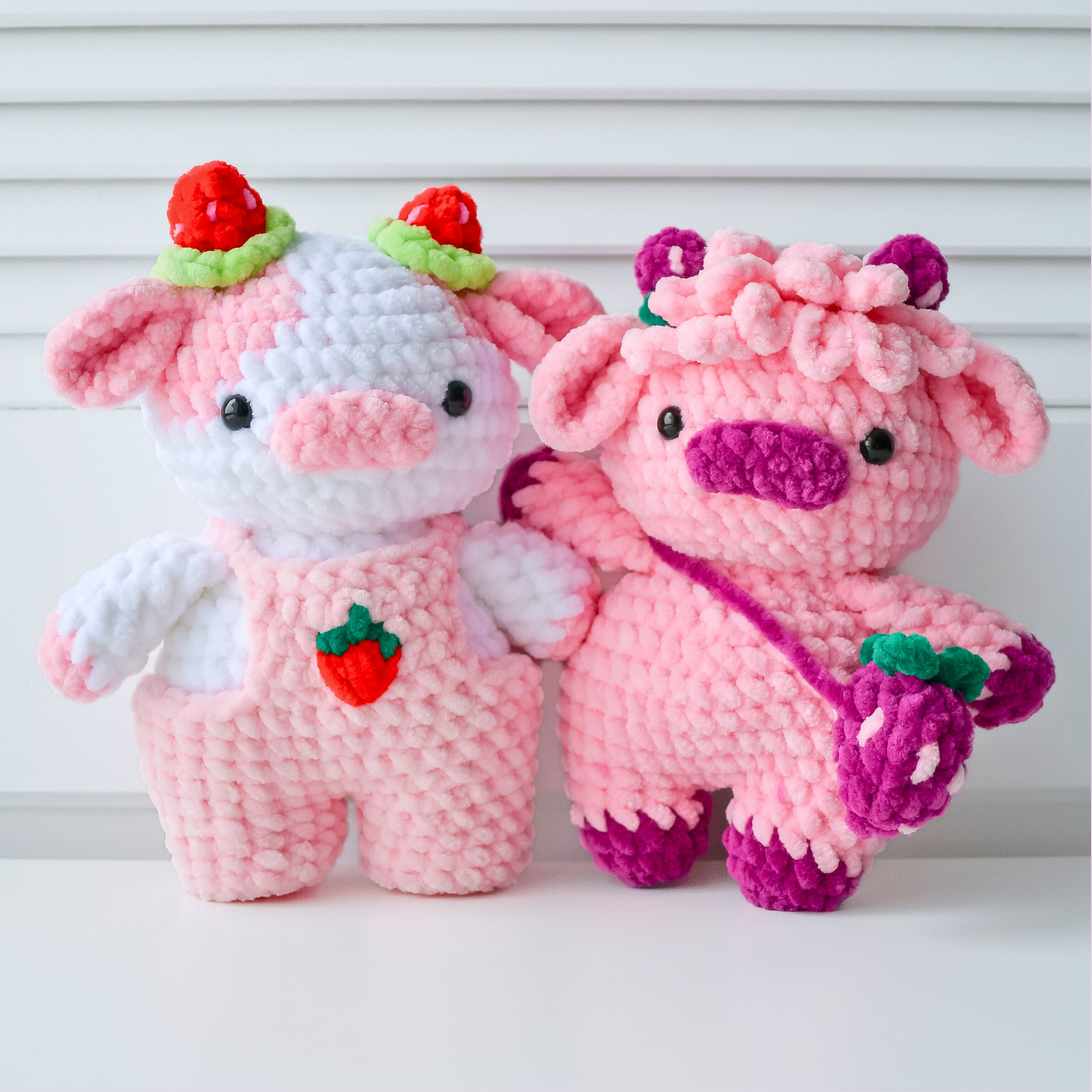 2-in-1 Strawberry Cows Crochet Pattern Bundle (amigurumi Highland