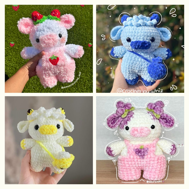 May include: Four crocheted cow plushies in different colors and designs. The first cow is pink and white with strawberries on its head. The second cow is light blue with a blue bag. The third cow is white with yellow accents. The fourth cow is pink and white with purple flowers on its head.