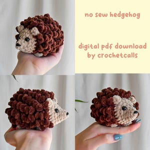 May include: A brown and beige crocheted hedgehog with a no-sew design. The digital PDF download is available from crochetcalls.