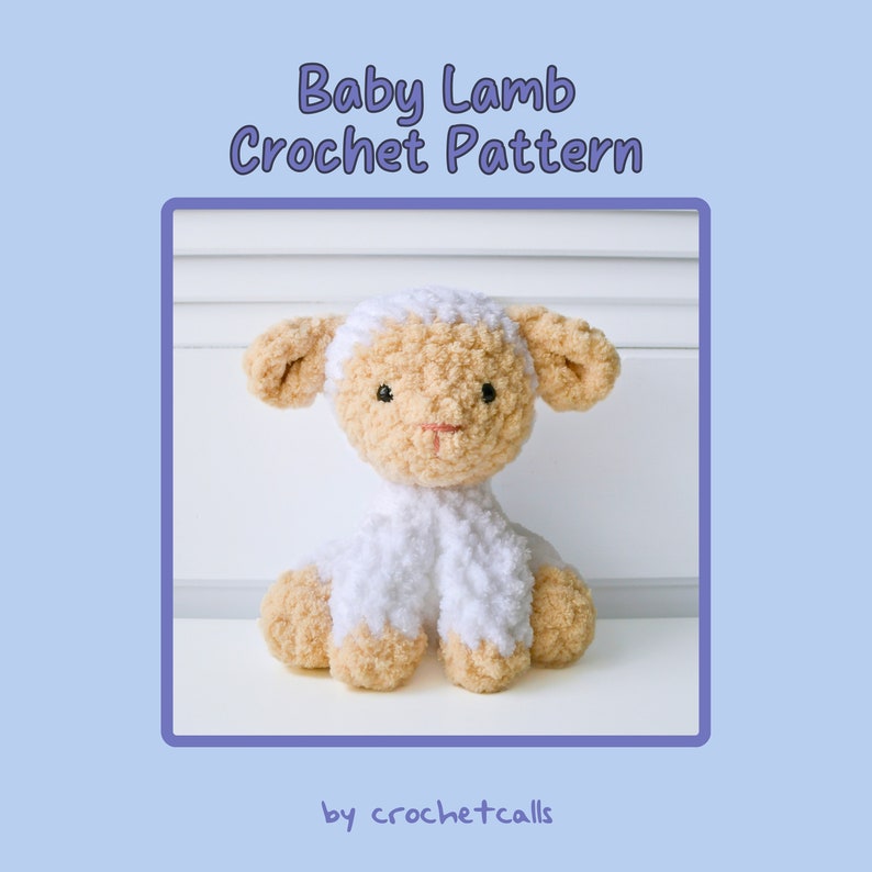 May include: A crocheted baby lamb toy with white fur and brown ears and legs. The lamb is sitting on a white surface. Baby Lamb Crochet Pattern by crochetcalls.