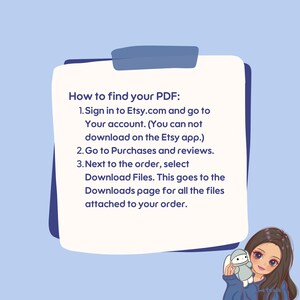 Pode incluir: Uma nota branca com texto azul que explica como encontrar um arquivo PDF no Etsy.com. O texto inclui instru&ccedil;&otilde;es sobre como fazer login na sua conta do Etsy, ir para compras e avalia&ccedil;&otilde;es e selecionar "Baixar arquivos".