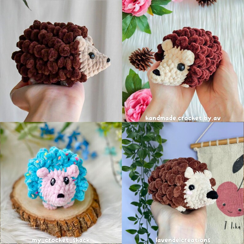 May include: Four crocheted hedgehog toys in different colors and styles. The hedgehogs are made with yarn and have small black eyes and noses. The hedgehogs are sitting on various surfaces, including a wooden table, a hand, and a green plant.