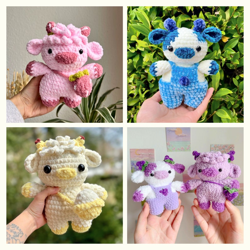 May include: Four crocheted cow plushies in different colors. The first is pink with a strawberry, the second is blue with white spots, the third is white with yellow accents, and the fourth is purple with a grape.