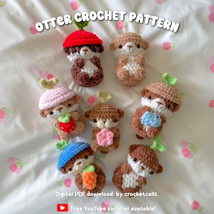 May include: A collection of handmade crochet otters in various colors and styles. Each otter has unique accessories, including hats, flowers, and vegetables. The text "OTTER CROCHET PATTERN" is at the top. The text "Digital PDF download: by crochetcalls" and "Free YouTube tutorial available!" are at the bottom.