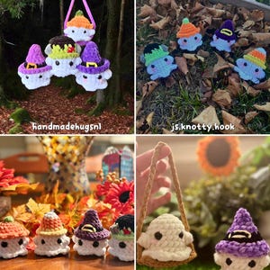 May include: A collection of handmade crochet ghost figures, each wearing a different colored hat. The hats include orange, purple, green, and black, with some featuring decorative accents. The figures are displayed in various settings, including a forest and a bed of leaves.