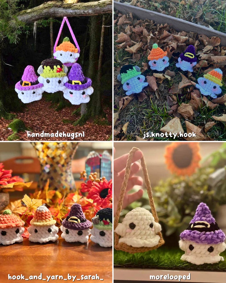 May include: A collection of handmade crochet ghost figures, each wearing a different colored hat. The hats include orange, purple, green, and black, with some featuring decorative accents. The figures are displayed in various settings, including a forest and a bed of leaves.