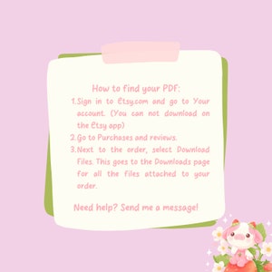 May include: A pink and green illustrated note with instructions on how to find your PDF download on Etsy. The note features a cartoon cow with a pink bow and a strawberry.