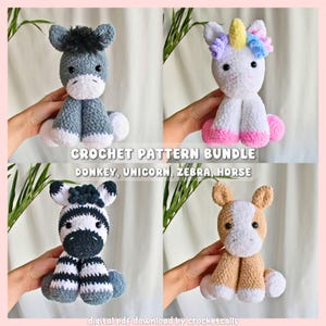 May include: Crochet pattern bundle for making stuffed animals. The bundle includes patterns for a donkey, unicorn, zebra, and horse. The animals are all sitting and have a fluffy, crocheted texture.
