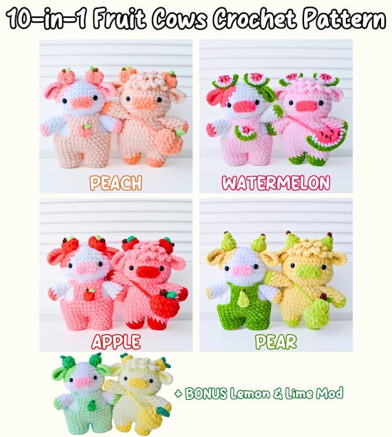 10-in-1 Fruit Cows Crochet Pattern Bundle (Amigurumi Highland Cow Overall Dungaree Cow Peach Watermelon Apple Pear Lemon Lime)