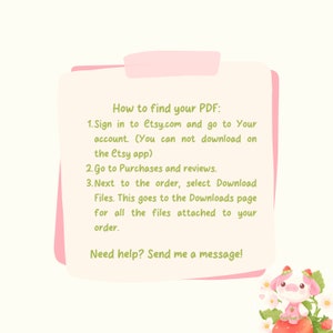 May include: A pink note with green text explaining how to find your PDF download on Etsy. The note is on a white background with a cartoon pig illustration.