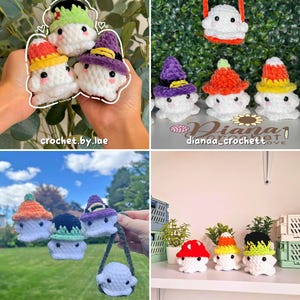 May include: A collection of handmade crochet ghost figures, each wearing a different hat. The hats include a witch hat, a Frankenstein-inspired hat, and a candy corn-themed hat. The figures are white with black eyes and are displayed in various settings.