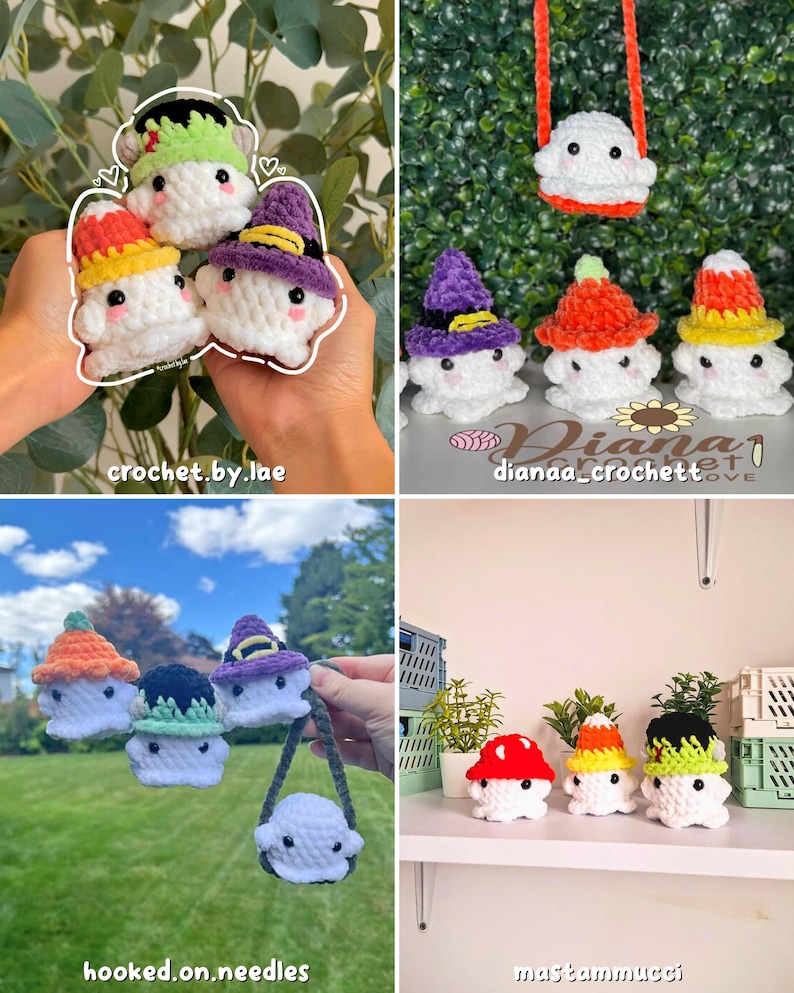 May include: A collection of handmade crochet ghost figures, each wearing a different hat. The hats include a witch hat, a Frankenstein-inspired hat, and a candy corn-themed hat. The figures are white with black eyes and are displayed in various settings.